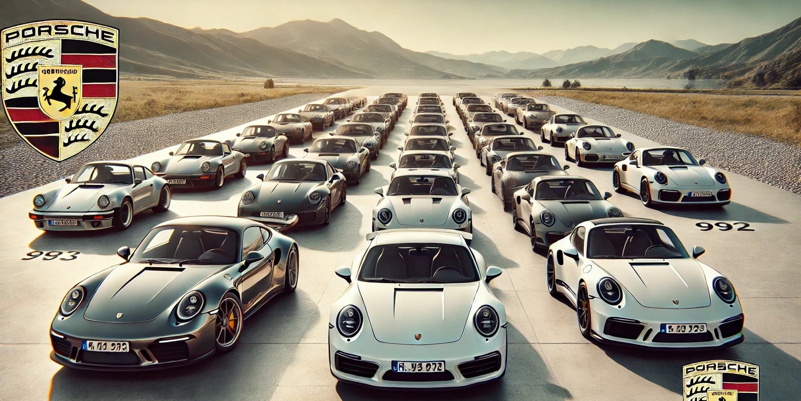 Visuel présentation la gamme Porsche 911 en Allemagne depuis le modèle 993 jusqu'à nos jours avec le modèle 992