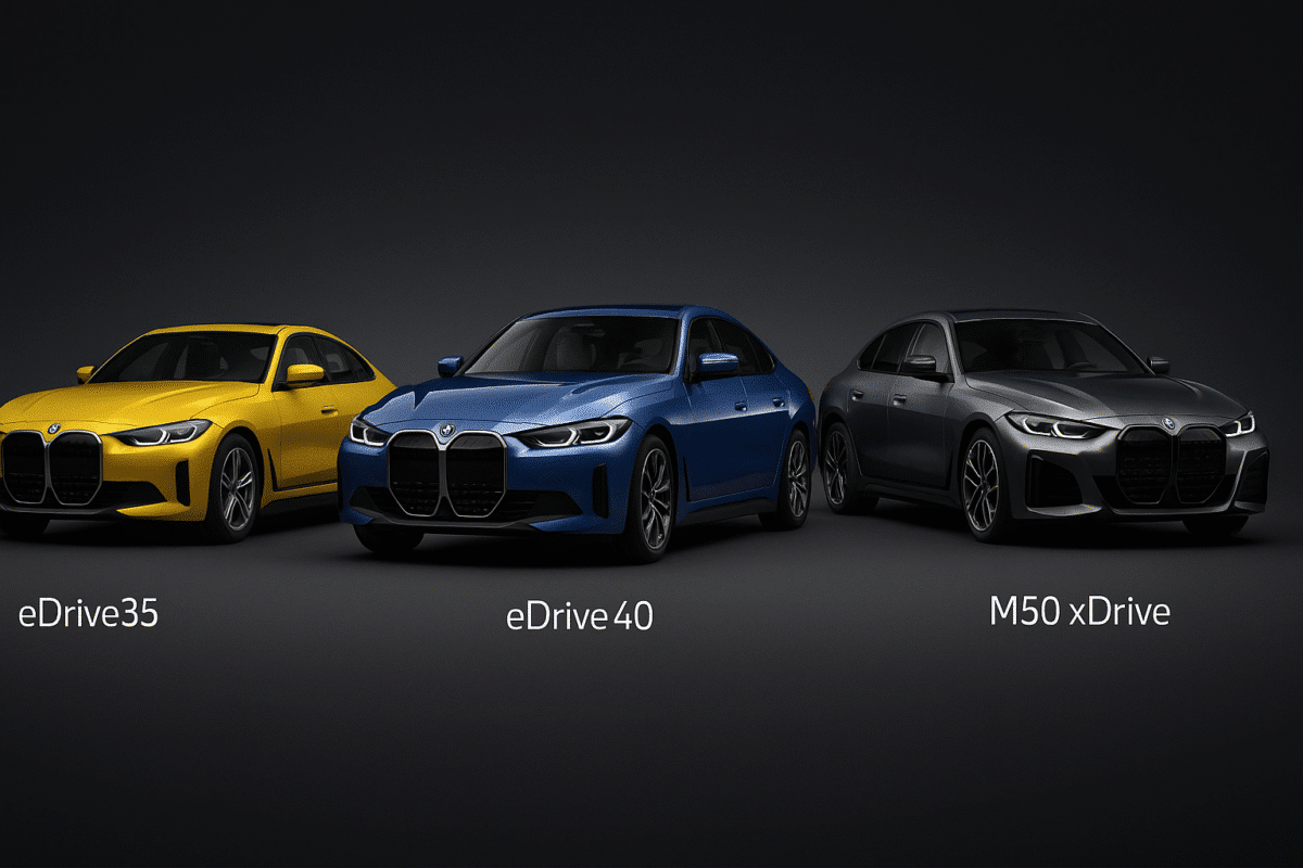 Gamme BMW I4 tous modèles de couleur jaune, bleue et grise.